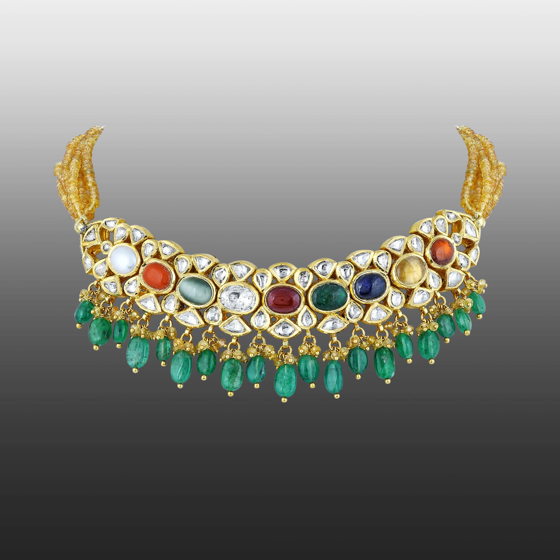 Navratana Choker with Polki Diamonds and Emerald Beads
